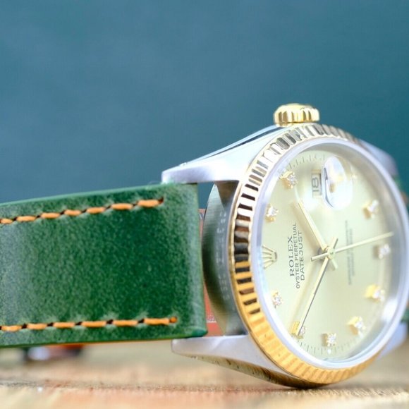 ROLEX DATEJUST CHAMPAGNE INDEX DIAL 18KY & STEEL JUBILEE  GREEN LEATHER 16233